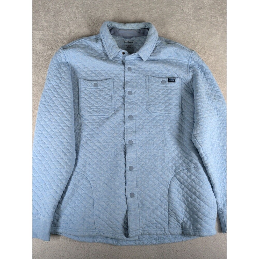 LL Bean Jacket Mens Large Blue Quilted Snap Overshirt Knit Pockets Outdoor